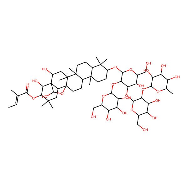 2D Structure of 2-Butenoic acid, 2-methyl-, (3R,4R,4aR,5R,6aS,6bR,10S,12aR,14aS,16S)-10-[[O-6-deoxy-alpha-L-mannopyranosyl-(1->2)-O-beta-D-galactopyranosyl-(1->3)-O-[beta-D-galactopyranosyl-(1->2)]-beta-D-glucopyranosyl]oxy]octadecahydro-4,5,16-trihydroxy-2,2,6a,6b,9,9,12a-heptamethyl-2H,5H-14a,4a-(epoxymethano)picen-3-yl ester, (2E)-