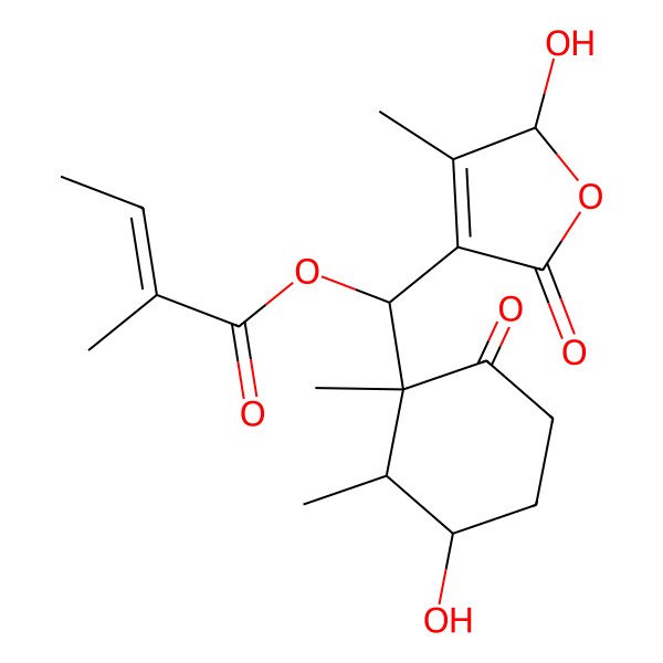 2D Structure of [(3-hydroxy-1,2-dimethyl-6-oxocyclohexyl)-(2-hydroxy-3-methyl-5-oxo-2H-furan-4-yl)methyl] 2-methylbut-2-enoate