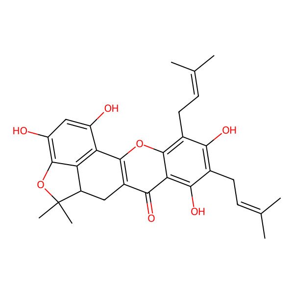 2D Structure of (13R)-6,8,17,19-tetrahydroxy-14,14-dimethyl-5,7-bis(3-methylbut-2-enyl)-3,15-dioxapentacyclo[11.6.1.02,11.04,9.016,20]icosa-1(20),2(11),4,6,8,16,18-heptaen-10-one