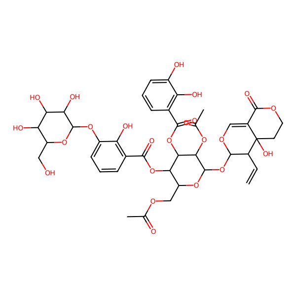 2D Structure of [5-Acetyloxy-2-(acetyloxymethyl)-6-[(4-ethenyl-4a-hydroxy-8-oxo-3,4,5,6-tetrahydropyrano[3,4-c]pyran-3-yl)oxy]-3-[2-hydroxy-3-[3,4,5-trihydroxy-6-(hydroxymethyl)oxan-2-yl]oxybenzoyl]oxyoxan-4-yl] 2,3-dihydroxybenzoate