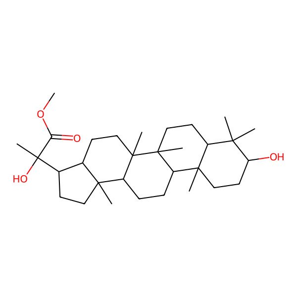 2D Structure of Methyl 2-hydroxy-2-(9-hydroxy-5a,5b,8,8,11a,13b-hexamethyl-1,2,3,3a,4,5,6,7,7a,9,10,11,11b,12,13,13a-hexadecahydrocyclopenta[a]chrysen-3-yl)propanoate