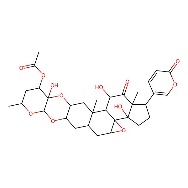 2D Structure of [(1S,2S,3S,5R,6R,9R,10R,12S,14R,16R,18S,20R,22S,23S,25R)-3,9,23-trihydroxy-1,5,20-trimethyl-4-oxo-6-(6-oxopyran-3-yl)-11,17,19,24-tetraoxaheptacyclo[12.12.0.02,10.05,9.010,12.016,25.018,23]hexacosan-22-yl] acetate