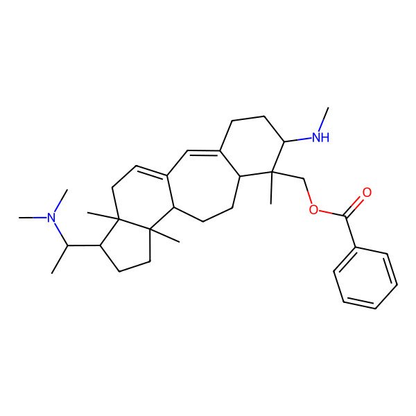 2D Structure of [15-[1-(Dimethylamino)ethyl]-7,12,16-trimethyl-6-(methylamino)-7-tetracyclo[9.7.0.03,8.012,16]octadeca-1(18),2-dienyl]methyl benzoate