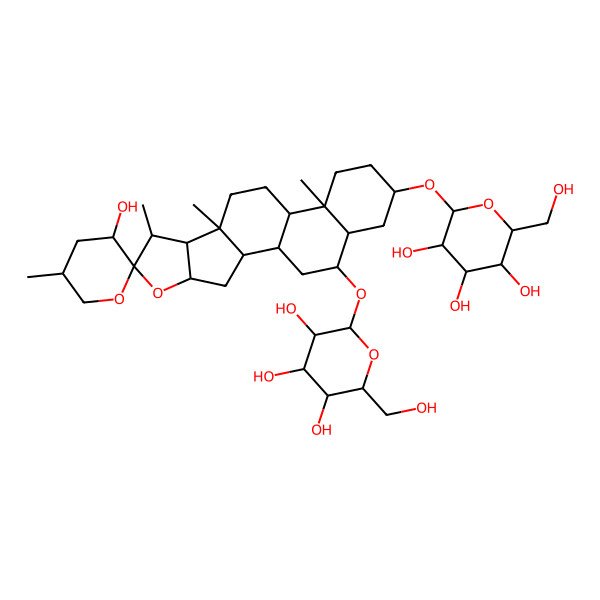 2D Structure of 2-(Hydroxymethyl)-6-[3'-hydroxy-5',7,9,13-tetramethyl-19-[3,4,5-trihydroxy-6-(hydroxymethyl)oxan-2-yl]oxyspiro[5-oxapentacyclo[10.8.0.02,9.04,8.013,18]icosane-6,2'-oxane]-16-yl]oxyoxane-3,4,5-triol