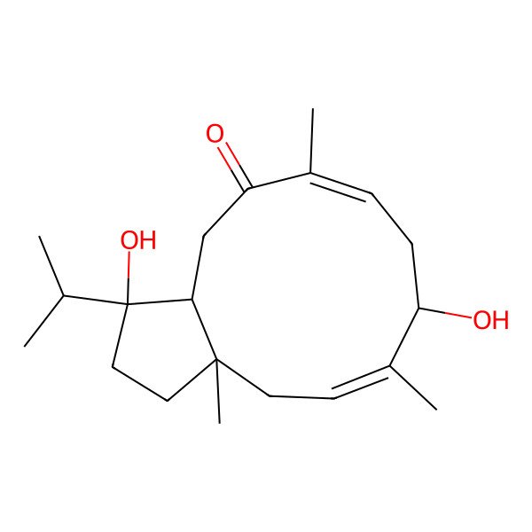 2D Structure of (3S,6E,9R,10E,12aS)-3,9-dihydroxy-6,10,12a-trimethyl-3-propan-2-yl-2,3a,4,8,9,12-hexahydro-1H-cyclopenta[11]annulen-5-one
