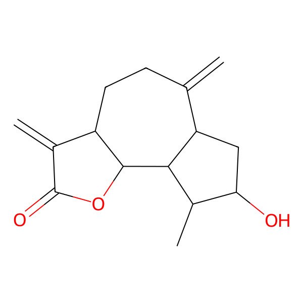 2D Structure of (3aR,6aS,8R,9R,9aS,9bS)-8-hydroxy-9-methyl-3,6-dimethylidene-4,5,6a,7,8,9,9a,9b-octahydro-3aH-azuleno[4,5-b]furan-2-one