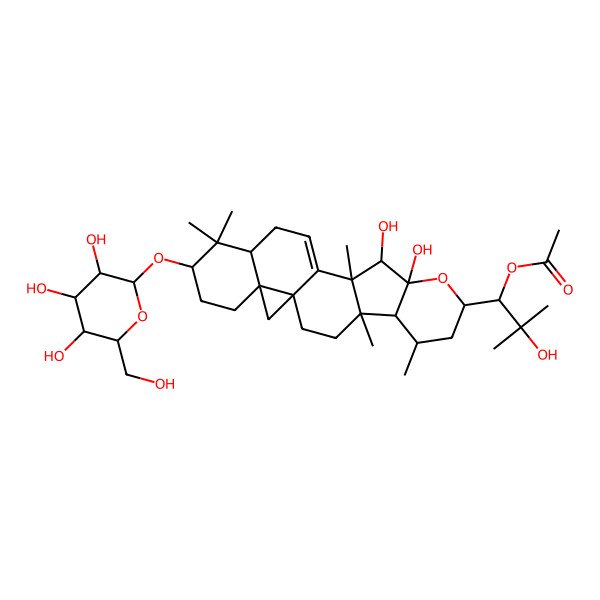 2D Structure of [(1R)-1-[(1R,4R,5R,6R,8R,10R,11R,12R,16R,18S,21R)-10,11-dihydroxy-4,6,12,17,17-pentamethyl-18-[(2R,3R,4S,5R,6R)-3,4,5-trihydroxy-6-(hydroxymethyl)oxan-2-yl]oxy-9-oxahexacyclo[11.9.0.01,21.04,12.05,10.016,21]docos-13-en-8-yl]-2-hydroxy-2-methylpropyl] acetate