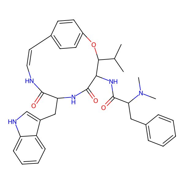 2D Structure of (2S)-2-(dimethylamino)-N-[(3S,4S,7S,10Z)-7-(1H-indol-3-ylmethyl)-5,8-dioxo-3-propan-2-yl-2-oxa-6,9-diazabicyclo[10.2.2]hexadeca-1(14),10,12,15-tetraen-4-yl]-3-phenylpropanamide