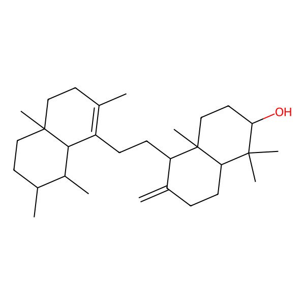2D Structure of (2S,4aR,5S,8aR)-5-[2-[(4aR,7R,8S,8aR)-2,4a,7,8-tetramethyl-4,5,6,7,8,8a-hexahydro-3H-naphthalen-1-yl]ethyl]-1,1,4a-trimethyl-6-methylidene-3,4,5,7,8,8a-hexahydro-2H-naphthalen-2-ol