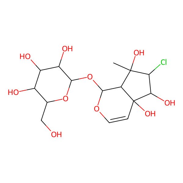2D Structure of 6-Chloro-7-methyl-1-[3,4,5-trihydroxy-6-(hydroxymethyl)oxan-2-yl]oxy-1,5,6,7a-tetrahydrocyclopenta[c]pyran-4a,5,7-triol