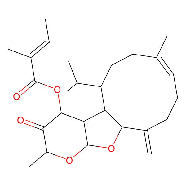 2D Structure of (6,14-Dimethyl-2-methylidene-13-oxo-9-propan-2-yl-15,17-dioxatricyclo[8.7.0.011,16]heptadec-5-en-12-yl) 2-methylbut-2-enoate