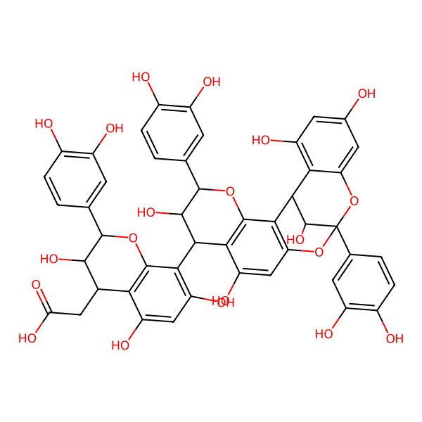 2D Structure of 2-[(2R,3R,4S)-8-[(1R,5R,6R,7S,13S,21R)-5,13-bis(3,4-dihydroxyphenyl)-6,9,17,19,21-pentahydroxy-4,12,14-trioxapentacyclo[11.7.1.02,11.03,8.015,20]henicosa-2(11),3(8),9,15,17,19-hexaen-7-yl]-2-(3,4-dihydroxyphenyl)-3,5,7-trihydroxy-3,4-dihydro-2H-chromen-4-yl]acetic acid
