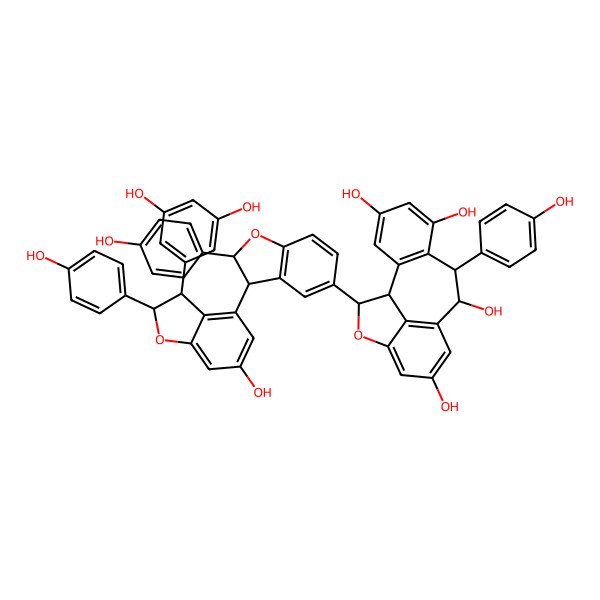 2D Structure of 16-[3-[3-(3,5-Dihydroxyphenyl)-6-hydroxy-2-(4-hydroxyphenyl)-2,3-dihydro-1-benzofuran-4-yl]-2-(4-hydroxyphenyl)-2,3-dihydro-1-benzofuran-5-yl]-8-(4-hydroxyphenyl)-15-oxatetracyclo[8.6.1.02,7.014,17]heptadeca-2(7),3,5,10(17),11,13-hexaene-4,6,9,12-tetrol