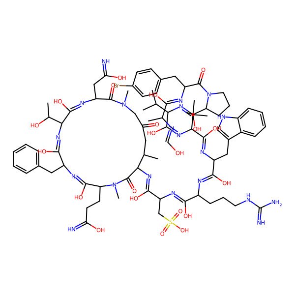 2D Structure of (2S)-N-[(2R)-1-[(2S)-1-[(2S)-1-[(2S)-1-[(2S)-1-[[(3S,6S,9R,12S,15S,16S)-9-benzyl-5,8,11-trihydroxy-6-[(1R)-1-hydroxyethyl]-3-(2-hydroxy-2-iminoethyl)-12-(3-hydroxy-3-iminopropyl)-1,13,16-trimethyl-2,14,18-trioxo-1,4,7,10,13-pentazacyclononadeca-4,7,10-trien-15-yl]imino]-1-hydroxy-3-sulfopropan-2-yl]imino-5-carbamimidamido-1-hydroxypentan-2-yl]imino-1-hydroxy-3-(1H-indol-3-yl)propan-2-yl]imino-1-hydroxy-3,3-dimethylbutan-2-yl]imino-1-hydroxy-3-methylbutan-2-yl]-1-[(2S)-3-(4-bromophenyl)-2-[[(2R)-1-hydroxy-2-(hydroxymethylideneamino)propylidene]amino]propanoyl]pyrrolidine-2-carboximidic acid