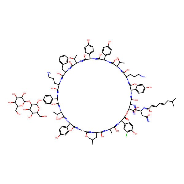 2D Structure of N-[24,42-bis(3-aminopropyl)-27-benzyl-3-(3-chloro-4-hydroxyphenyl)-21-[4-[4,5-dihydroxy-6-(hydroxymethyl)-3-[3,4,5-trihydroxy-6-(hydroxymethyl)oxan-2-yl]oxyoxan-2-yl]oxyphenyl]-5,8,11,14,17,20,23,26,29,32,35,38,41,44,47-pentadecahydroxy-49-(C-hydroxycarbonimidoyl)-18,30,39-tris(1-hydroxyethyl)-15,33,36,45-tetrakis(4-hydroxyphenyl)-6-methyl-9-(2-methylpropyl)-2-oxo-1-oxa-4,7,10,13,16,19,22,25,28,31,34,37,40,43,46-pentadecazacyclononatetraconta-4,7,10,13,16,19,22,25,28,31,34,37,40,43,46-pentadecaen-48-yl]-2-[(1-hydroxy-7-methylocta-2,4-dienylidene)amino]butanediimidic acid