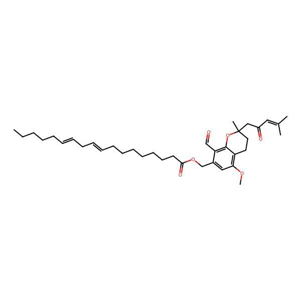 2D Structure of 9,12-Octadecadienoic acid (9Z,12Z)-, [8-formyl-3,4-dihydro-5-methoxy-2-methyl-2-(4-methyl-2-oxo-3-pentenyl)-2H-1-benzopyran-7-yl]methyl ester