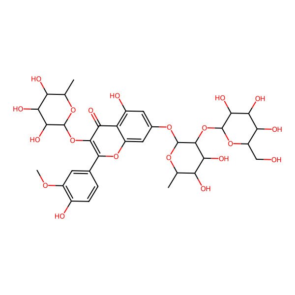 2D Structure of 7-[(2S,3R,4R,5R,6S)-4,5-dihydroxy-6-methyl-3-[(2S,3R,4S,5S,6R)-3,4,5-trihydroxy-6-(hydroxymethyl)oxan-2-yl]oxyoxan-2-yl]oxy-5-hydroxy-2-(4-hydroxy-3-methoxyphenyl)-3-[(2S,3R,4R,5R,6S)-3,4,5-trihydroxy-6-methyloxan-2-yl]oxychromen-4-one