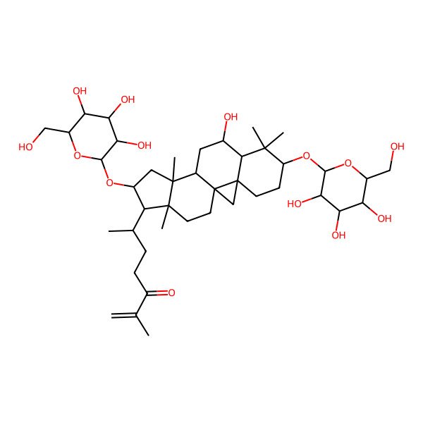 2D Structure of 6-[9-Hydroxy-7,7,12,16-tetramethyl-6,14-bis[[3,4,5-trihydroxy-6-(hydroxymethyl)oxan-2-yl]oxy]-15-pentacyclo[9.7.0.01,3.03,8.012,16]octadecanyl]-2-methylhept-1-en-3-one
