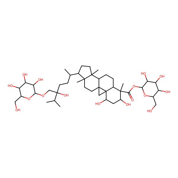 2D Structure of [(2S,3S,4S,5R,6S)-3,4,5-trihydroxy-6-(hydroxymethyl)oxan-2-yl] (1R,3R,4S,6R,7R,8S,11R,12R,15S,16R)-4,6-dihydroxy-15-[(2R,5S)-5-hydroxy-6-methyl-5-[[(2R,3S,4S,5S,6S)-3,4,5-trihydroxy-6-(hydroxymethyl)oxan-2-yl]oxymethyl]heptan-2-yl]-7,12,16-trimethylpentacyclo[9.7.0.01,3.03,8.012,16]octadecane-7-carboxylate