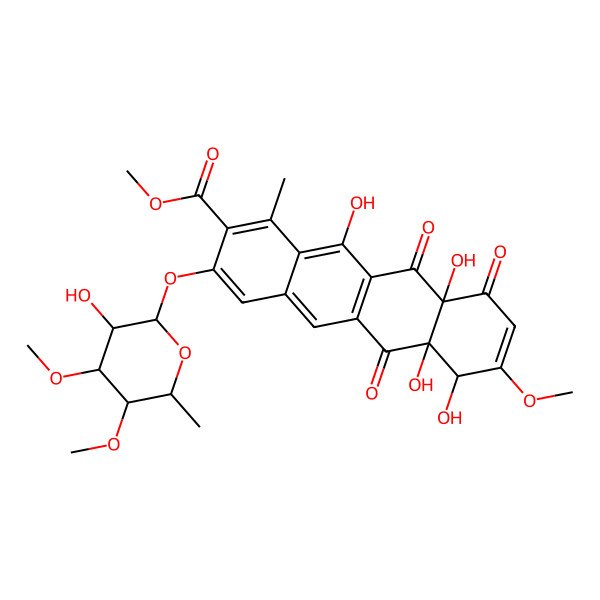 2D Structure of 2-Naphthacenecarboxylic acid, 3-[(6-deoxy-3,4-di-O-methyl-I+/--L-mannopyranosyl)oxy]-6,6a,7,10,10a,11-hexahydro-6a,7,10a,12-tetrahydroxy-8-methoxy-1-methyl-6,10,11-trioxo-, methyl ester, (6aR,7S,10aR)-