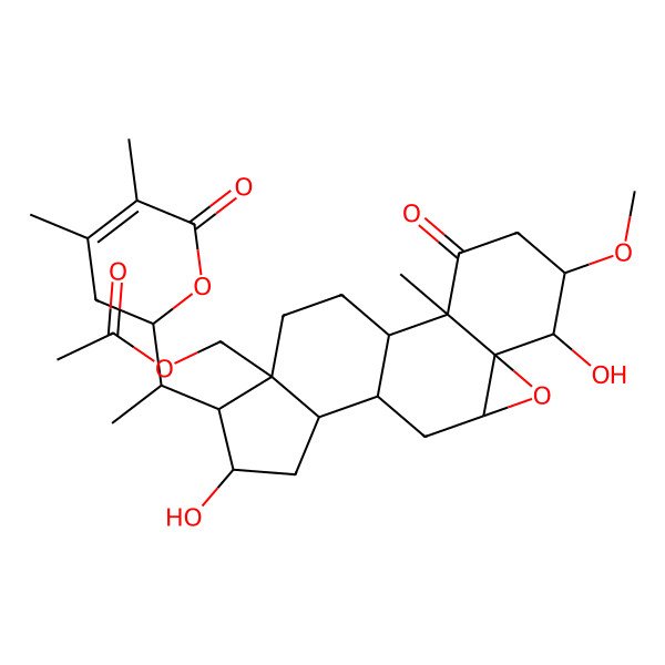 2D Structure of [(1S,2R,5R,6S,7R,9R,11S,12S,14R,15R,16R)-15-[(1S)-1-[(2R)-4,5-dimethyl-6-oxo-2,3-dihydropyran-2-yl]ethyl]-6,14-dihydroxy-5-methoxy-2-methyl-3-oxo-8-oxapentacyclo[9.7.0.02,7.07,9.012,16]octadecan-16-yl]methyl acetate