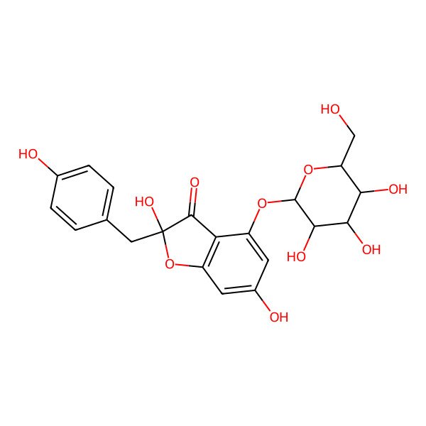 2D Structure of 2,6-Dihydroxy-2-[(4-hydroxyphenyl)methyl]-4-[3,4,5-trihydroxy-6-(hydroxymethyl)oxan-2-yl]oxy-1-benzofuran-3-one
