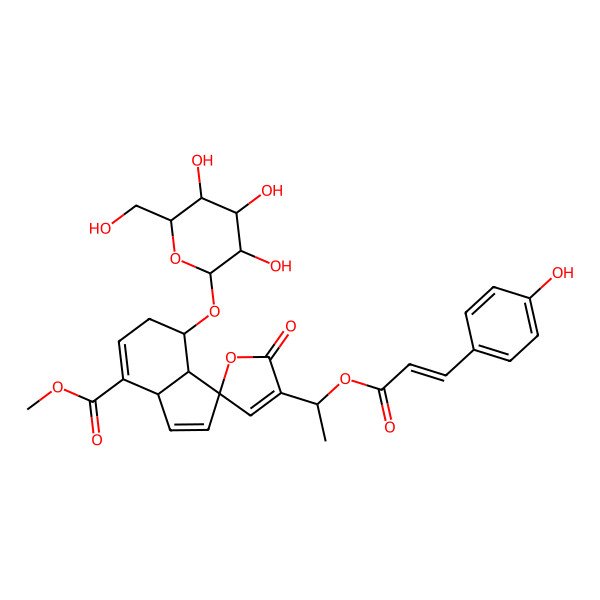 2D Structure of methyl (1R,3aS,7R,7aR)-4'-[(1S)-1-[(Z)-3-(4-hydroxyphenyl)prop-2-enoyl]oxyethyl]-5'-oxo-7-[(2R,3R,4S,5S,6R)-3,4,5-trihydroxy-6-(hydroxymethyl)oxan-2-yl]oxyspiro[3a,6,7,7a-tetrahydroindene-1,2'-furan]-4-carboxylate