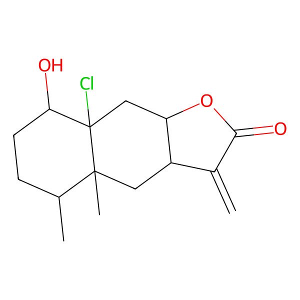 2D Structure of (3aR,4aR,5S,8R,8aR,9aR)-8a-chloro-8-hydroxy-4a,5-dimethyl-3-methylidene-3a,4,5,6,7,8,9,9a-octahydrobenzo[f][1]benzofuran-2-one
