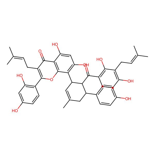 2D Structure of 8-[(1R,5S,6R)-6-[2,4-dihydroxy-3-(3-methylbut-2-enyl)benzoyl]-5-(4-hydroxyphenyl)-3-methylcyclohex-2-en-1-yl]-2-(2,4-dihydroxyphenyl)-5,7-dihydroxy-3-(3-methylbut-2-enyl)chromen-4-one