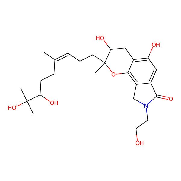 2D Structure of (2R,3R)-2-[(E,7S)-7,8-dihydroxy-4,8-dimethylnon-3-enyl]-3,5-dihydroxy-8-(2-hydroxyethyl)-2-methyl-4,9-dihydro-3H-pyrano[2,3-e]isoindol-7-one