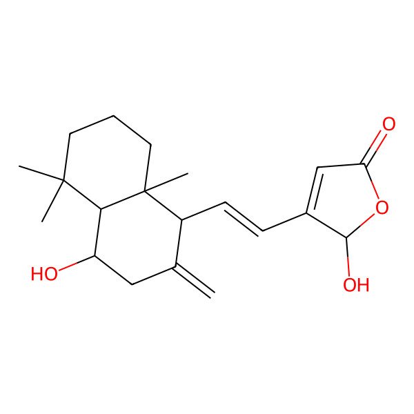 2D Structure of 2-hydroxy-3-[2-(4-hydroxy-5,5,8a-trimethyl-2-methylidene-3,4,4a,6,7,8-hexahydro-1H-naphthalen-1-yl)ethenyl]-2H-furan-5-one