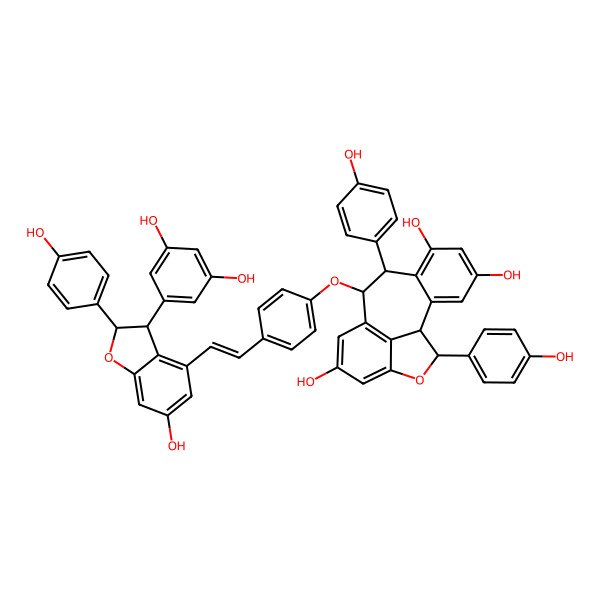 2D Structure of (1R,8R,9S,16R)-9-[4-[(Z)-2-[(2R,3R)-3-(3,5-dihydroxyphenyl)-6-hydroxy-2-(4-hydroxyphenyl)-2,3-dihydro-1-benzofuran-4-yl]ethenyl]phenoxy]-8,16-bis(4-hydroxyphenyl)-15-oxatetracyclo[8.6.1.02,7.014,17]heptadeca-2(7),3,5,10(17),11,13-hexaene-4,6,12-triol