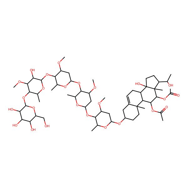 2D Structure of [12-Acetyloxy-14-hydroxy-17-(1-hydroxyethyl)-3-[5-[5-[5-[3-hydroxy-4-methoxy-6-methyl-5-[3,4,5-trihydroxy-6-(hydroxymethyl)oxan-2-yl]oxyoxan-2-yl]oxy-4-methoxy-6-methyloxan-2-yl]oxy-4-methoxy-6-methyloxan-2-yl]oxy-4-methoxy-6-methyloxan-2-yl]oxy-10,13-dimethyl-1,2,3,4,7,8,9,11,12,15,16,17-dodecahydrocyclopenta[a]phenanthren-11-yl] acetate