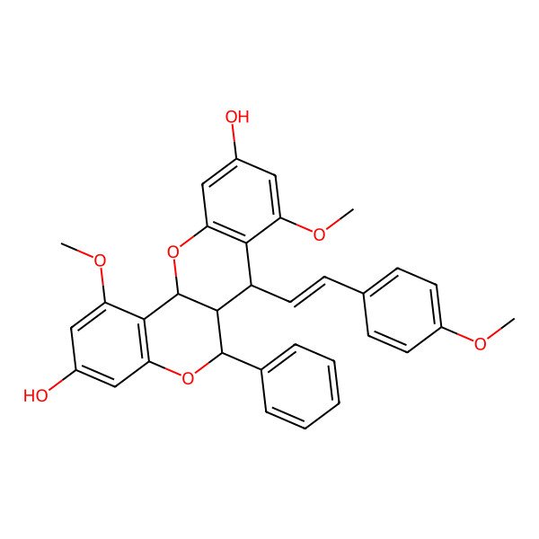 2D Structure of (6S,6aR,7S,12aR)-1,8-dimethoxy-7-[(E)-2-(4-methoxyphenyl)ethenyl]-6-phenyl-6,6a,7,12a-tetrahydrochromeno[3,2-c]chromene-3,10-diol