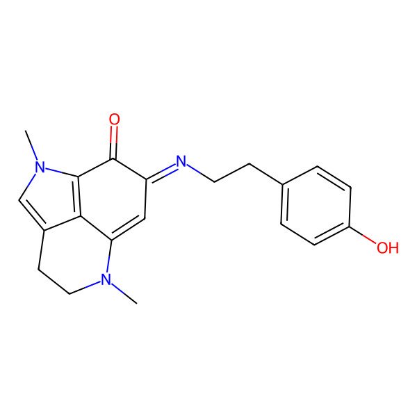 2D Structure of 10-[2-(4-Hydroxyphenyl)ethylimino]-2,7-dimethyl-2,7-diazatricyclo[6.3.1.04,12]dodeca-1(12),3,8-trien-11-one