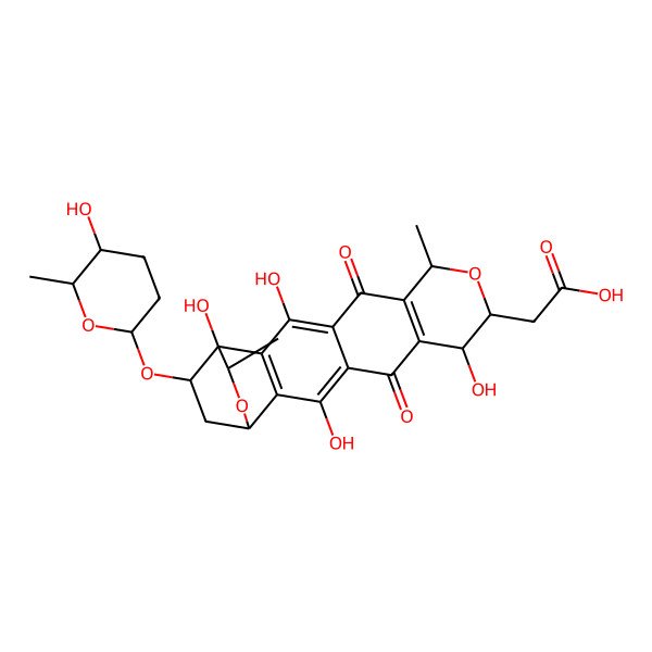 2D Structure of 2-[1,3,10,14-Tetrahydroxy-19-(5-hydroxy-6-methyloxan-2-yl)oxy-7,18-dimethyl-5,12-dioxo-8,17-dioxapentacyclo[14.2.2.02,15.04,13.06,11]icosa-2(15),3,6(11),13-tetraen-9-yl]acetic acid