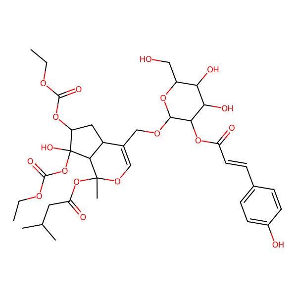 2D Structure of [(1S,6S,7R)-4-[[4,5-dihydroxy-6-(hydroxymethyl)-3-[(E)-3-(4-hydroxyphenyl)prop-2-enoyl]oxyoxan-2-yl]oxymethyl]-6,7-bis(ethoxycarbonyloxy)-7-hydroxy-1-methyl-4a,5,6,7a-tetrahydrocyclopenta[c]pyran-1-yl] 3-methylbutanoate