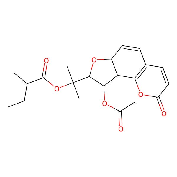 2D Structure of 2-[(6aR,8R,9R,9aS)-9-acetyloxy-2-oxo-6a,8,9,9a-tetrahydrofuro[2,3-h]chromen-8-yl]propan-2-yl (2R)-2-methylbutanoate