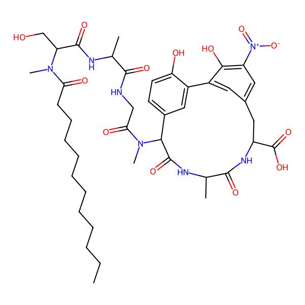 2D Structure of (8S,11S,14S)-14-[[2-[[(2R)-2-[[(2R)-2-[dodecanoyl(methyl)amino]-3-hydroxypropanoyl]amino]propanoyl]amino]acetyl]-methylamino]-3,18-dihydroxy-11-methyl-4-nitro-10,13-dioxo-9,12-diazatricyclo[13.3.1.12,6]icosa-1(18),2,4,6(20),15(19),16-hexaene-8-carboxylic acid