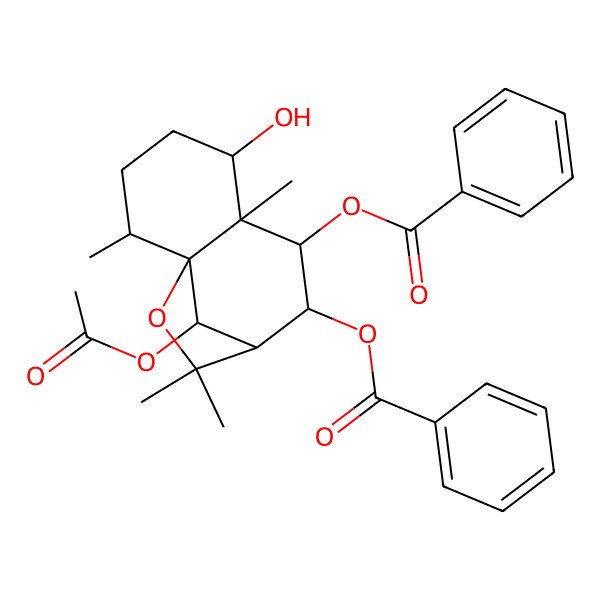 2D Structure of (12-Acetyloxy-7-benzoyloxy-5-hydroxy-2,6,10,10-tetramethyl-11-oxatricyclo[7.2.1.01,6]dodecan-8-yl) benzoate