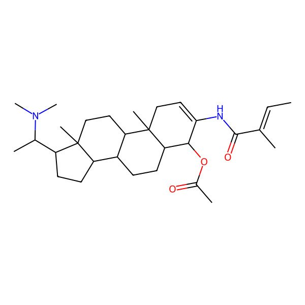 2D Structure of [(4R,5R,8S,9S,10R,13S,14S,17S)-17-[(1S)-1-(dimethylamino)ethyl]-10,13-dimethyl-3-[[(E)-2-methylbut-2-enoyl]amino]-4,5,6,7,8,9,11,12,14,15,16,17-dodecahydro-1H-cyclopenta[a]phenanthren-4-yl] acetate
