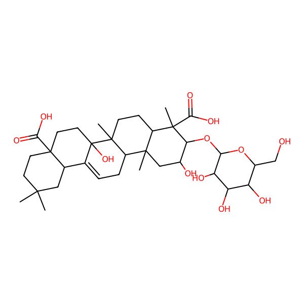 2D Structure of (2S,3R,4S,4aR,6aR,6bR,8aS,12aS,14aR,14bR)-2,6b-dihydroxy-4,6a,11,11,14b-pentamethyl-3-[(2R,3R,4S,5S,6R)-3,4,5-trihydroxy-6-(hydroxymethyl)oxan-2-yl]oxy-1,2,3,4a,5,6,7,8,9,10,12,12a,14,14a-tetradecahydropicene-4,8a-dicarboxylic acid