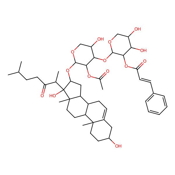 2D Structure of [(2S,3R,4S,5R)-2-[(2S,3R,4S,5S)-3-acetyloxy-2-[[(3S,8R,9S,10R,13S,14S,16S,17S)-3,17-dihydroxy-10,13-dimethyl-17-[(2S)-6-methyl-3-oxoheptan-2-yl]-1,2,3,4,7,8,9,11,12,14,15,16-dodecahydrocyclopenta[a]phenanthren-16-yl]oxy]-5-hydroxyoxan-4-yl]oxy-4,5-dihydroxyoxan-3-yl] (E)-3-phenylprop-2-enoate