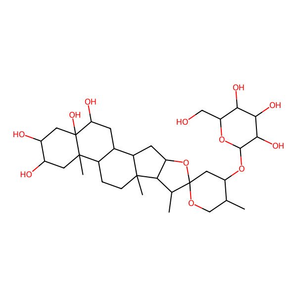 2D Structure of 5',7,9,13-Tetramethyl-4'-[3,4,5-trihydroxy-6-(hydroxymethyl)oxan-2-yl]oxyspiro[5-oxapentacyclo[10.8.0.02,9.04,8.013,18]icosane-6,2'-oxane]-15,16,18,19-tetrol