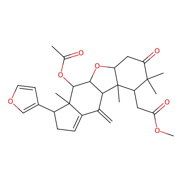 2D Structure of methyl 2-[(1S,4aS,4bS,5R,8aS,9aR,10R,10aS)-10-acetyloxy-1-(furan-3-yl)-4b,6,6,10a-tetramethyl-4-methylidene-7-oxo-1,2,4a,5,8,8a,9a,10-octahydroindeno[5,6-b][1]benzofuran-5-yl]acetate