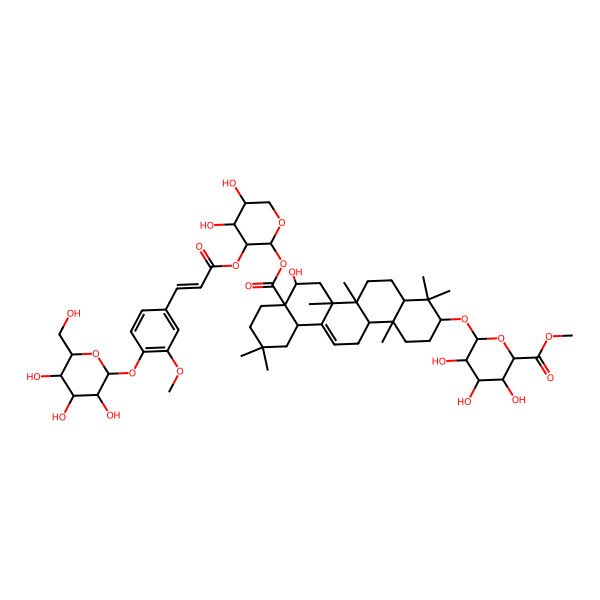 2D Structure of Methyl 6-[[8a-[4,5-dihydroxy-3-[3-[3-methoxy-4-[3,4,5-trihydroxy-6-(hydroxymethyl)oxan-2-yl]oxyphenyl]prop-2-enoyloxy]oxan-2-yl]oxycarbonyl-8-hydroxy-4,4,6a,6b,11,11,14b-heptamethyl-1,2,3,4a,5,6,7,8,9,10,12,12a,14,14a-tetradecahydropicen-3-yl]oxy]-3,4,5-trihydroxyoxane-2-carboxylate