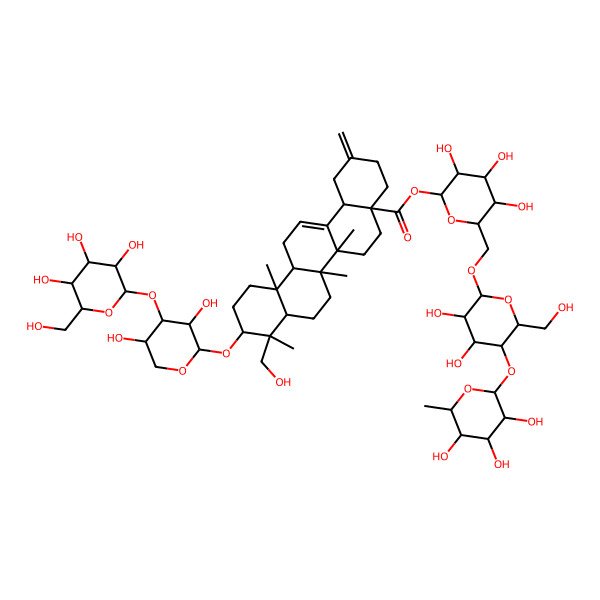 2D Structure of [(2S,3R,4S,5S,6R)-6-[[(2R,3R,4R,5S,6R)-3,4-dihydroxy-6-(hydroxymethyl)-5-[(2S,3R,4R,5R,6S)-3,4,5-trihydroxy-6-methyloxan-2-yl]oxyoxan-2-yl]oxymethyl]-3,4,5-trihydroxyoxan-2-yl] (4aS,6aR,6aS,6bR,8aR,9R,10S,12aR,14bS)-10-[(2S,3R,4S,5S)-3,5-dihydroxy-4-[(2S,3R,4S,5S,6R)-3,4,5-trihydroxy-6-(hydroxymethyl)oxan-2-yl]oxyoxan-2-yl]oxy-9-(hydroxymethyl)-6a,6b,9,12a-tetramethyl-2-methylidene-1,3,4,5,6,6a,7,8,8a,10,11,12,13,14b-tetradecahydropicene-4a-carboxylate
