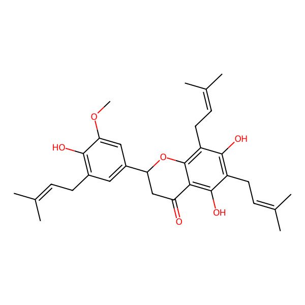2D Structure of (2S)-5,7-dihydroxy-2-[4-hydroxy-3-methoxy-5-(3-methylbut-2-enyl)phenyl]-6,8-bis(3-methylbut-2-enyl)-2,3-dihydrochromen-4-one