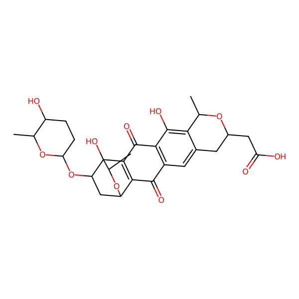 2D Structure of 2-[(1S,7S,9R,16R,18R,19R)-1,5-dihydroxy-19-[(2S,5S,6S)-5-hydroxy-6-methyloxan-2-yl]oxy-7,18-dimethyl-3,14-dioxo-8,17-dioxapentacyclo[14.2.2.02,15.04,13.06,11]icosa-2(15),4(13),5,11-tetraen-9-yl]acetic acid