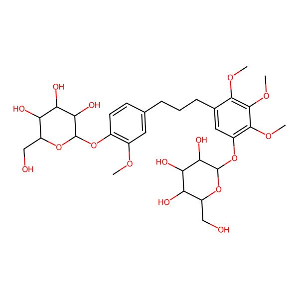 2D Structure of (2R,3S,4S,5R,6S)-2-(hydroxymethyl)-6-[2-methoxy-4-[3-[2,3,4-trimethoxy-5-[(2S,3R,4S,5S,6R)-3,4,5-trihydroxy-6-(hydroxymethyl)oxan-2-yl]oxyphenyl]propyl]phenoxy]oxane-3,4,5-triol